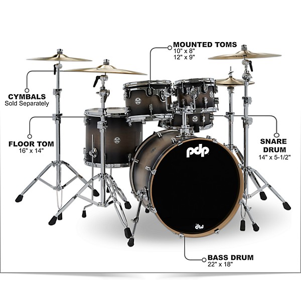 PDP by DW Concept Maple 5-Piece Shell Pack Satin Charcoal Burst