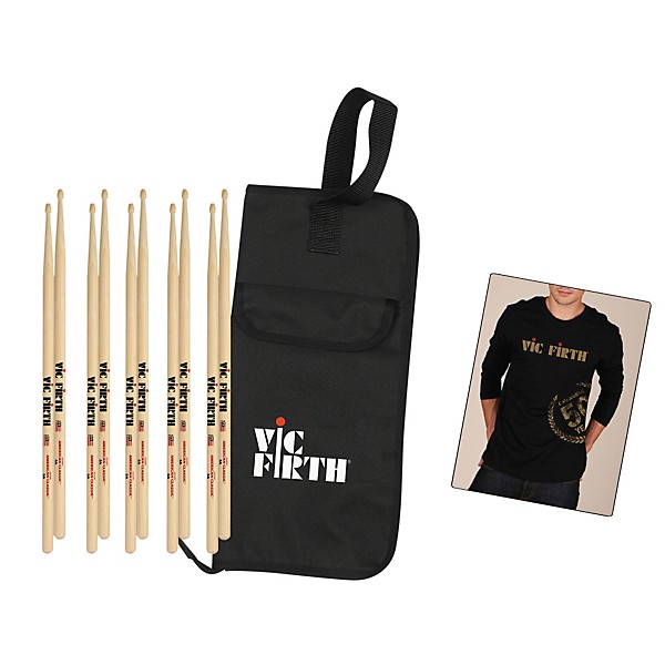 Vic Firth 5-Pair 5A Sticks, BSB with Free Vic Firth 50th Long Sleeve Shirt Large