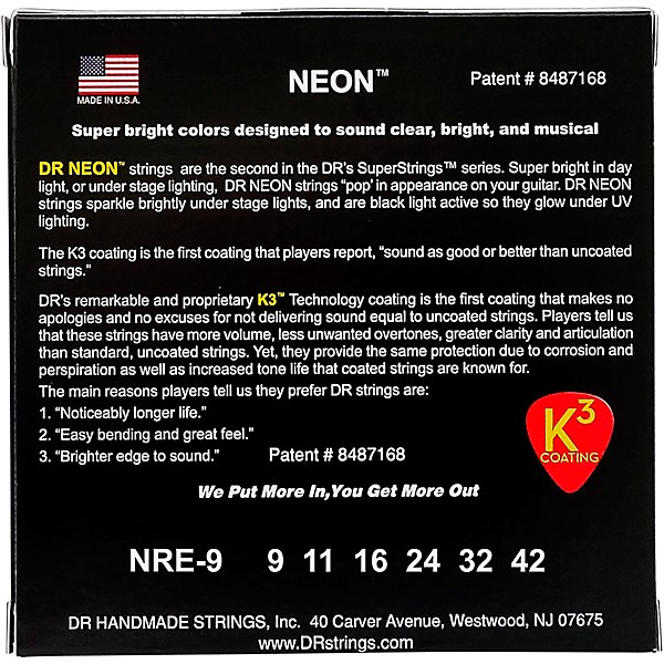 DR Strings Hi-Def NEON Red Coated Light (9-42) Electric Guitar Strings
