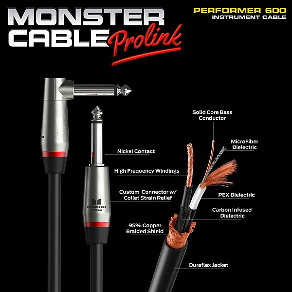 Monster Cable Performer 600 1/4" Angled to Straight Instrument Cable 3 ft.