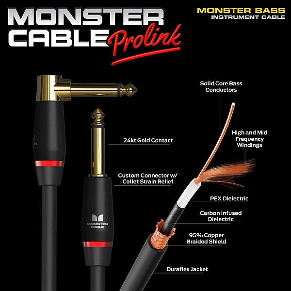 Monster Cable Monster Bass 1/4 Inch Angled to Straight Instrument Cable 12 ft.