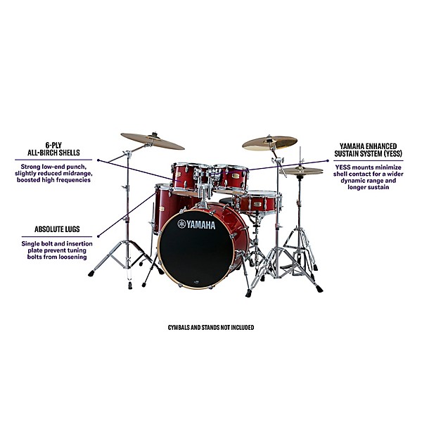 Yamaha Stage Custom Birch 5-Piece Shell Pack With 22" Bass Drum Cranberry Red