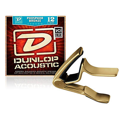 Dunlop Trigger Curved Gold Capo Andphosphor Bronze Light Acoustic Guitar Strings for sale