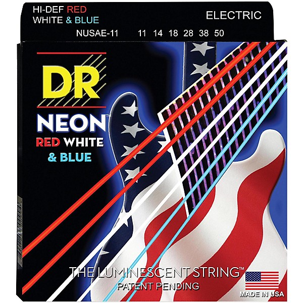 DR Strings Hi-Def NEON Red, White & Blue Electric Guitar Heavy Strings (11-50)