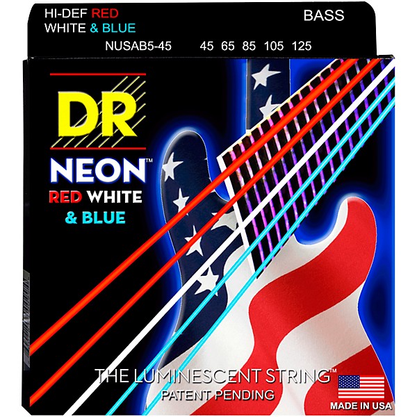DR Strings Hi-Def NEON Red, White & Blue Electric Medium 5-String Bass Strings (45-125)