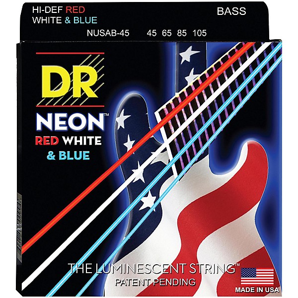 DR Strings Hi-Def NEON Red, White & Blue Electric Lite 4-String Bass Strings (40-100)
