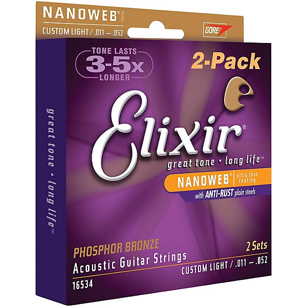 Elixir Nanoweb Custom Light Phosphor Bronze Acoustic Guitar Strings 2-Pack