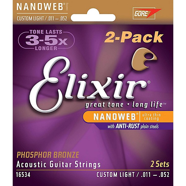 Elixir Nanoweb Custom Light Phosphor Bronze Acoustic Guitar Strings 2-Pack