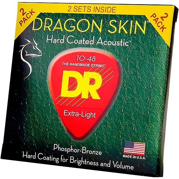 DR Strings Dragon Skin Clear Coated Phosphor Bronze Light Acoustic Guitar Strings (10-48) 2 Pack
