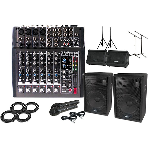 Phonic Powerpod 820 Mixer with 15 in. S715 Mains and KPC10M 10 in. Monitors Package