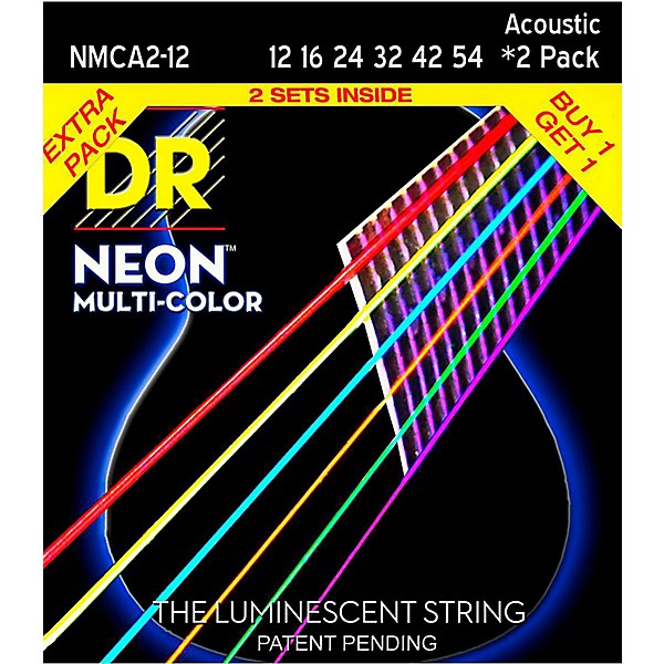 Open Box DR Strings Hi-Def NEON Multi-Color Medium Acoustic Guitar Strings (12-54) 2 Pack Level 1