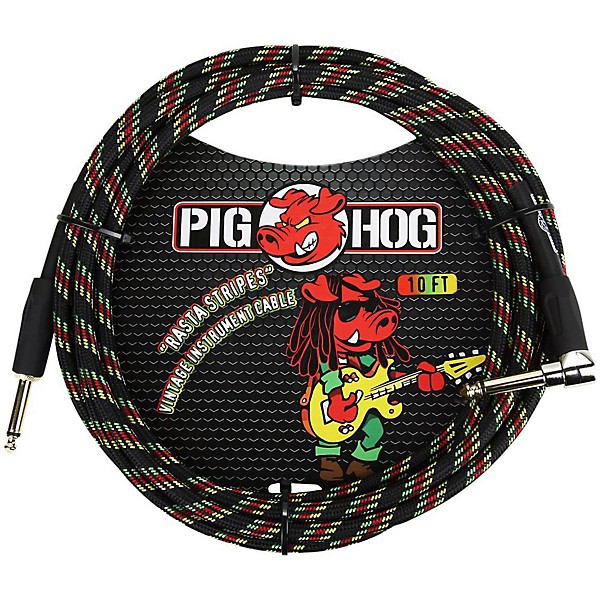 Pig Hog Right Angle Instrument Cable 10 ft. Rasta Stripes