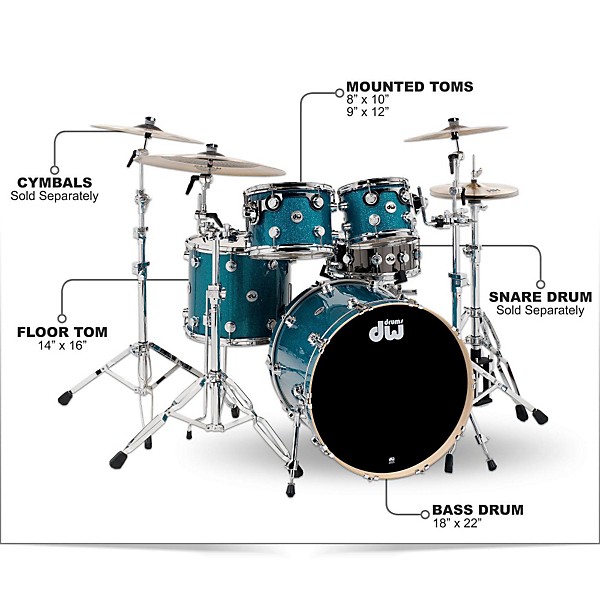 DW Collector's Series 4-Piece FinishPly Teal Glass Shell Pack With Chrome Hardware