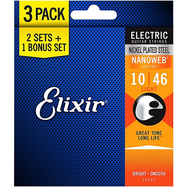 Elixir BONUS PACK! NANOWEB Nickel-Plated Steel Light Electric Guitar Strings 3-Pack