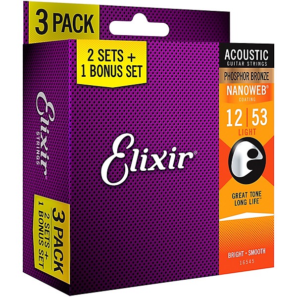 Elixir BONUS PACK NANOWEB Phosphor Bronze Light Acoustic Guitar