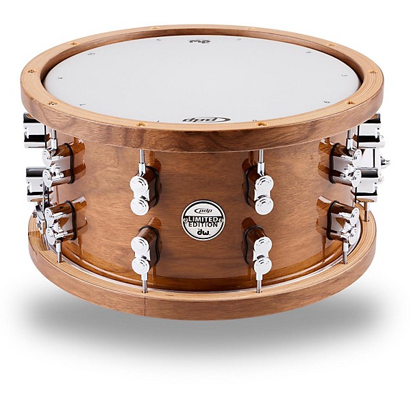 Open Box PDP by DW Limited Edition Dark Stain Walnut and Maple Snare with Walnut Hoops and Chrome Hardware Level 1 14 x 7....