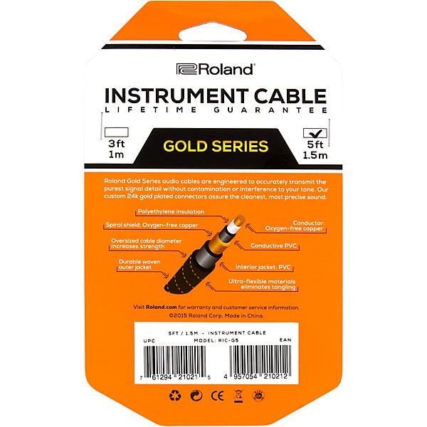 Roland Gold Series 1/4" Straight/Straight Instrument Cable 5 ft. Black