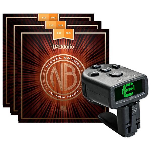 D'Addario NB1256 Nickel Bronze Light Top Med Bottom Acoustic Strings 3-Pack with FREE NS Micro Headstock Tuner