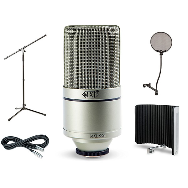 MXL 990 Large-Diaphragm Condenser Microphone Bundle VMS Vocal Shield, Boom Stand, Pop Filter and Cable | Guitar Center
