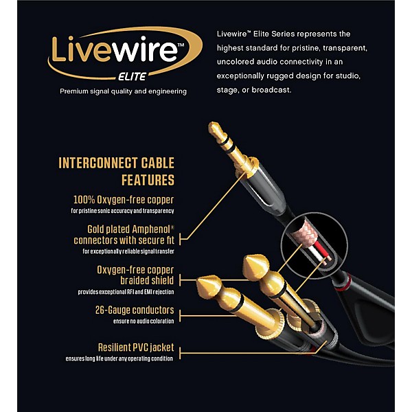 Livewire Elite Interconnect Cable 3.5 mm TRS Male to 3.5 mm TRS Male 9 ft. Black
