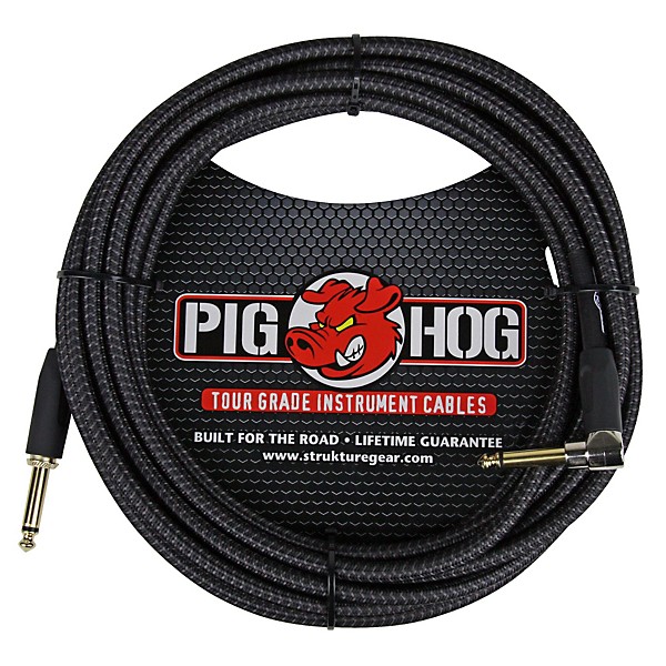 Pig Hog Instrument Cable Black Woven 1/4" to 1/4" Right Angle 20 ft. Black Woven