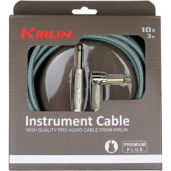 Kirlin Premium Plus Straight to Right Angle Instrument Cable, Olive Green Woven Jacket 10 ft.