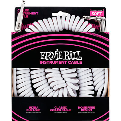 Ernie Ball Coiled Ultraflex Straight-Angle Instrument Cable White 30 Ft. for sale