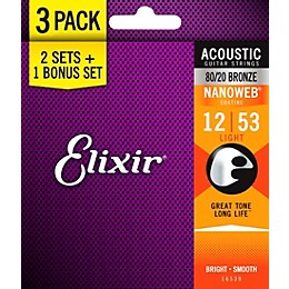 Elixir BONUS PACK! NANOWEB Coating 80/20 Bronze Light Acoustic Guitar Strings 3-Pack