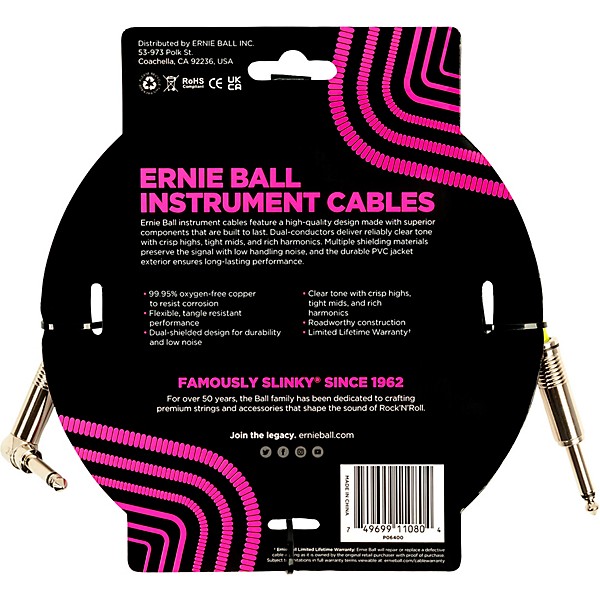 Ernie Ball Straight-Angle Instrument Cable - White 15 ft.
