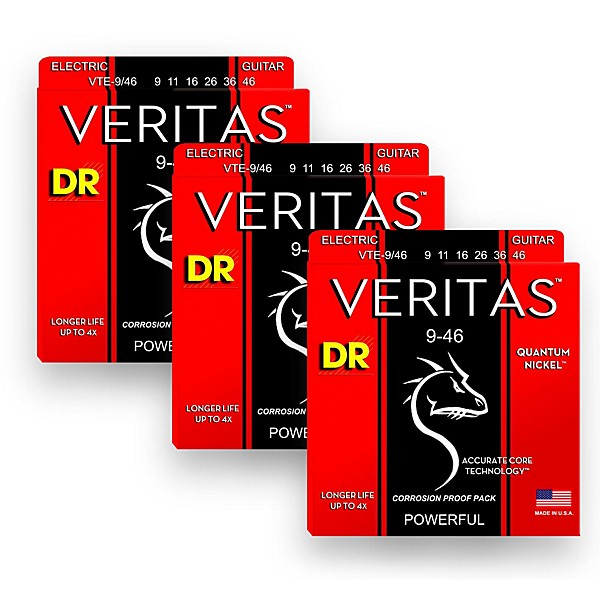 DR Strings Veritas - Accurate Core Technology Light and Heavy Electric Guitar Strings (9-46) 3-PACK