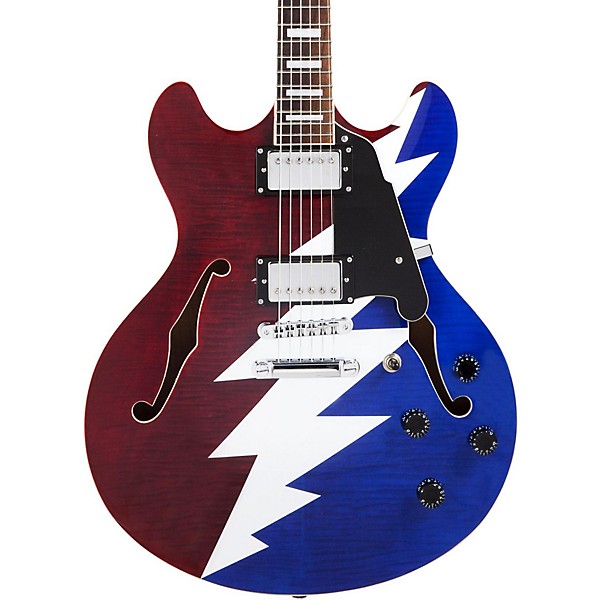 Open Box D'Angelico Premier Series DC Grateful Dead Semi-Hollow Electric Guitar Level 1 Red, White, and Blue Lightning Bolt