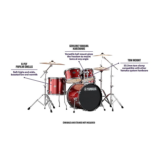 Open Box Yamaha Rydeen 5-Piece Shell Pack With 22" Bass Drum Level 2 Burgundy Glitter 197881210038