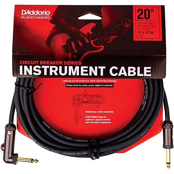 D'Addario Circuit Breaker Instrument Cable With Latching Cut-Off Switch, Right Angle Plug 20 ft. Black