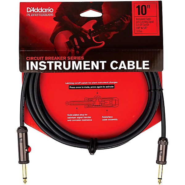 D'Addario Circuit Breaker Instrument Cable with Latching Cut-Off Switch, Straight Plug, by D'Addario 10 ft. Black