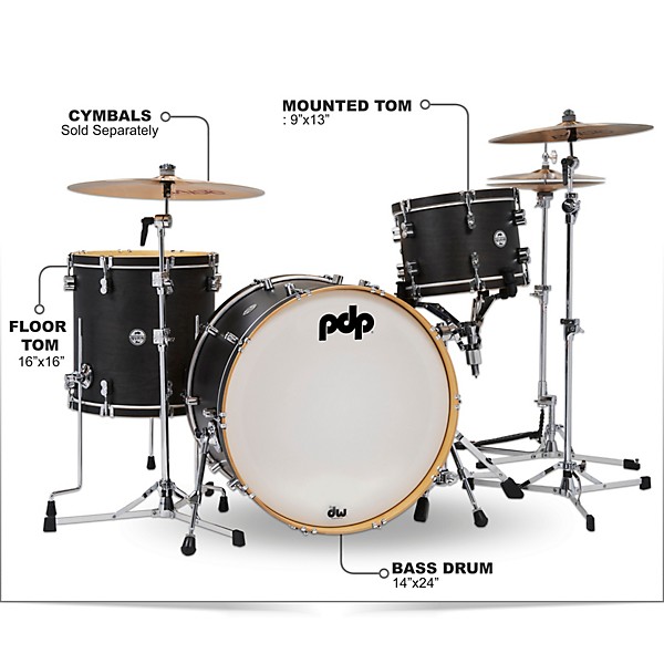 PDP by DW Concept Classic 3-Piece Wood Hoop Shell Pack with 24 in. Kick Ebony Stain