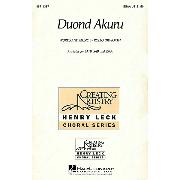 Hal Leonard Duond Akuru SSAA composed by Rollo Dilworth