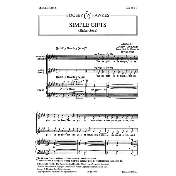 Boosey and Hawkes Simple Gifts (SA or TB and Piano) arranged by Irving Fine