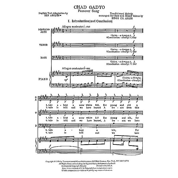 Transcontinental Music Chad Gadyo (Passover Song) SATB composed by Hugo Adler