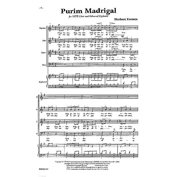 Transcontinental Music Purim Madrigal SATB composed by Herbert Fromm