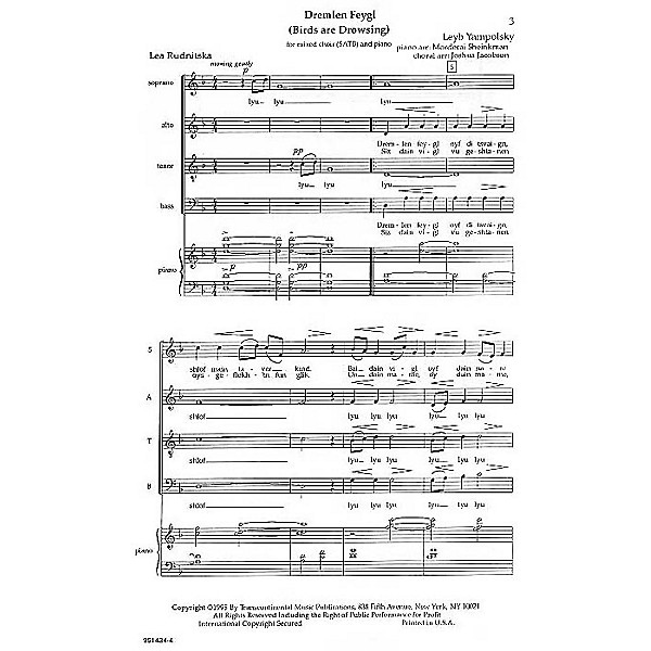 Transcontinental Music Dremlen Feygl (Birds Are Drowsing) SATB arranged by Joshua Jacobson