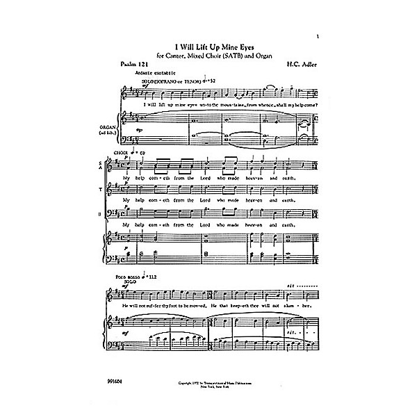 Transcontinental Music I Will Lift Up Mine Eyes SATB composed by Hugo Adler