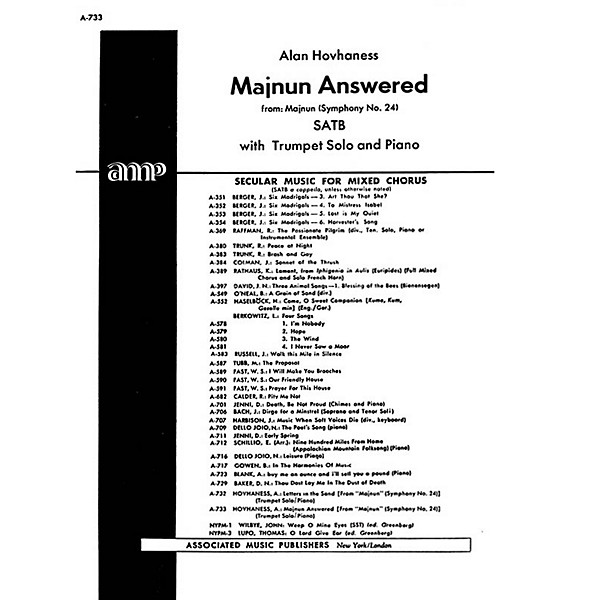 Associated Majnun Answered From Maj Nun Symph. #24      With Trumpet Solo And Piano SATB composed by A Hovhaness