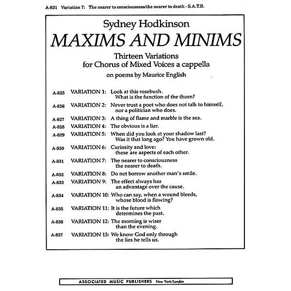 Associated Nearer To Consciousness Var 7the Nearer To Death (From Maxims And Minums) SATB by Sydney Hodkinson