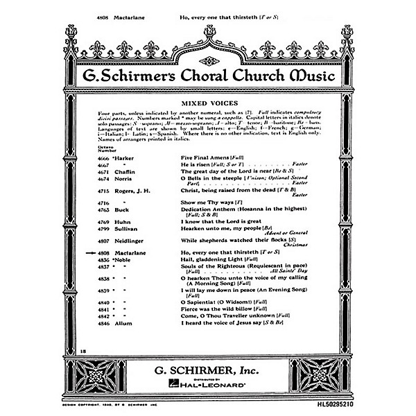 G. Schirmer Ho Every One That Thirsteth (SATB with soprano or tenor solo and Organ) composed by Will C. MacFarlane