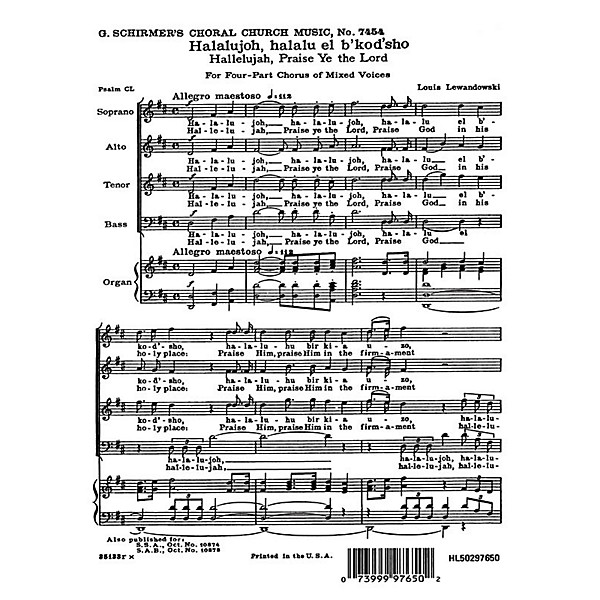 G. Schirmer Hallelujah Praise Ye the Lord (English & Hebrew) SATB composed by Louis Lewandowski