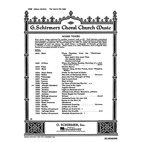 G. Schirmer The Lord Is My Light SATB composed by Frances Allitsen