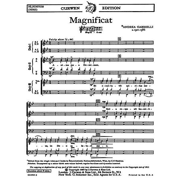 G. Schirmer Magnificat For Three Choruses SATB TTBB SSAA SATB TTBB SA composed by A Gabrielli