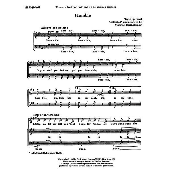 G. Schirmer Humble TTBB A Cappella arranged by Marshall Bartholomew