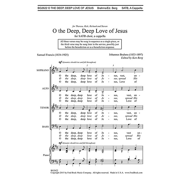 Fred Bock Music O the Deep, Deep Love of Jesus SATBB A CAPPELLA composed by Johannes Brahms