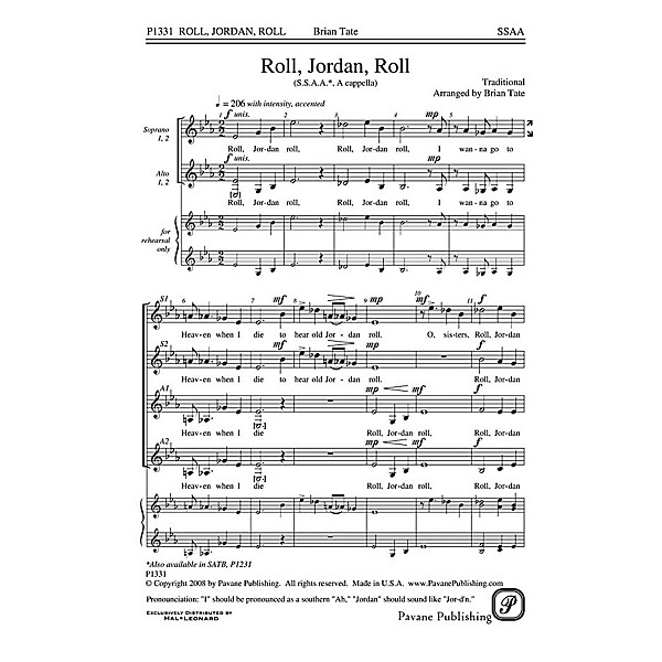 Pavane Roll, Jordan, Roll SSAA A Cappella arranged by Brian Tate